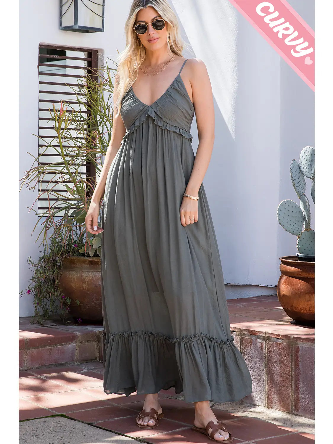 Plus Size Ruffle V-Neck Maxi Dress