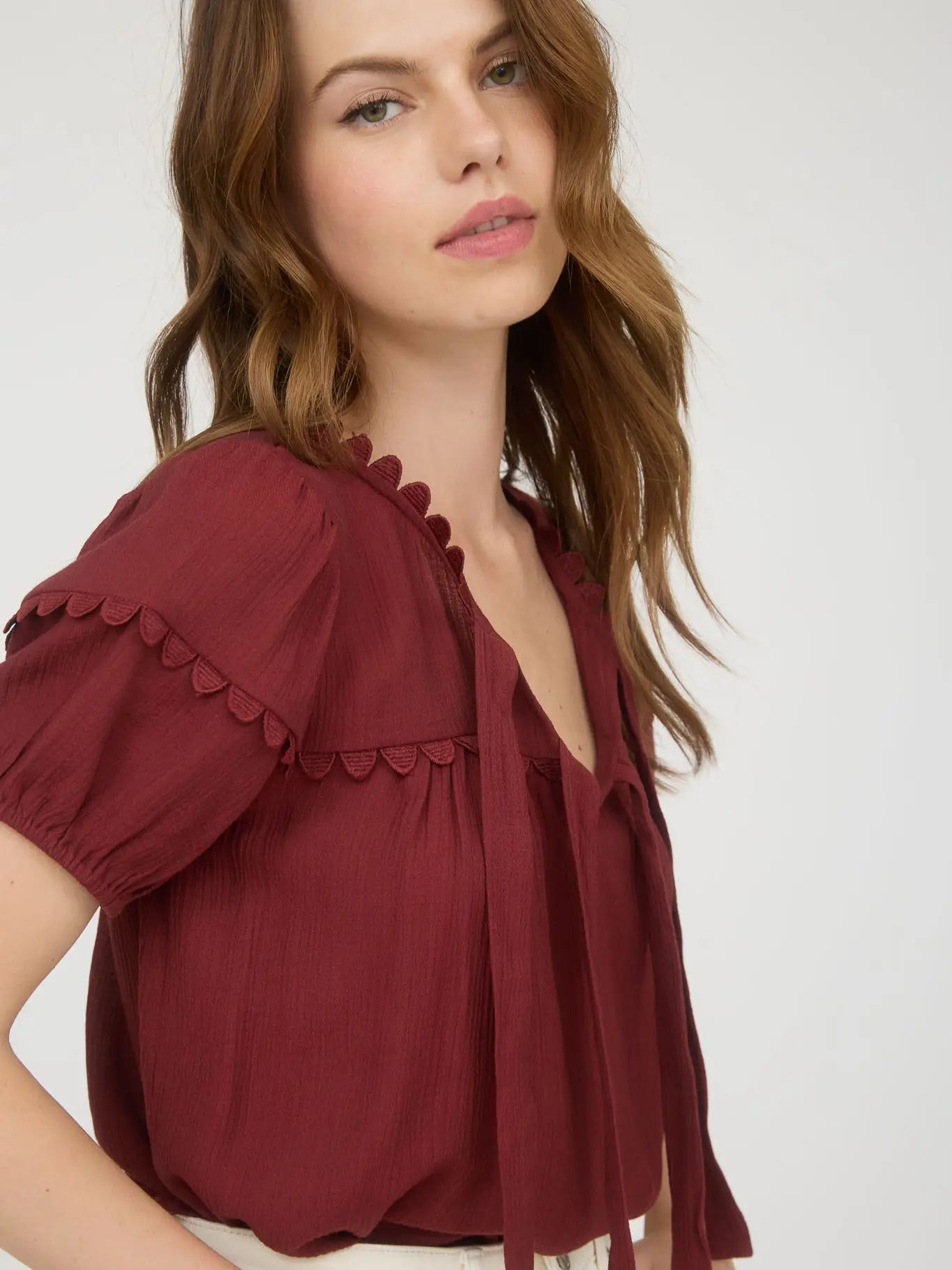 Brick Scallop Trim Front Tie Detail Puff Sleeve Top