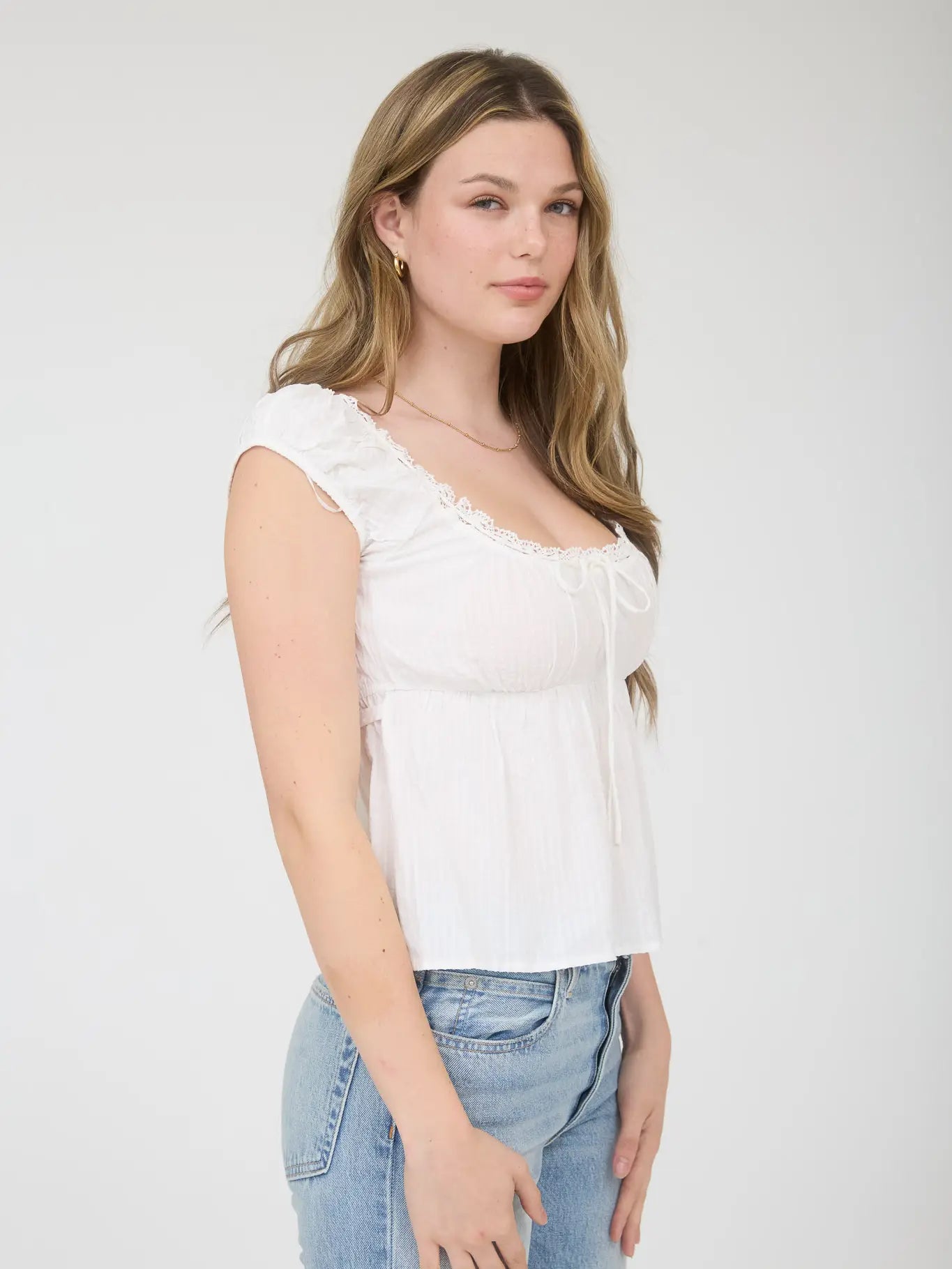 Stripe Lace Trim Front Tie Short Sleeve Top
