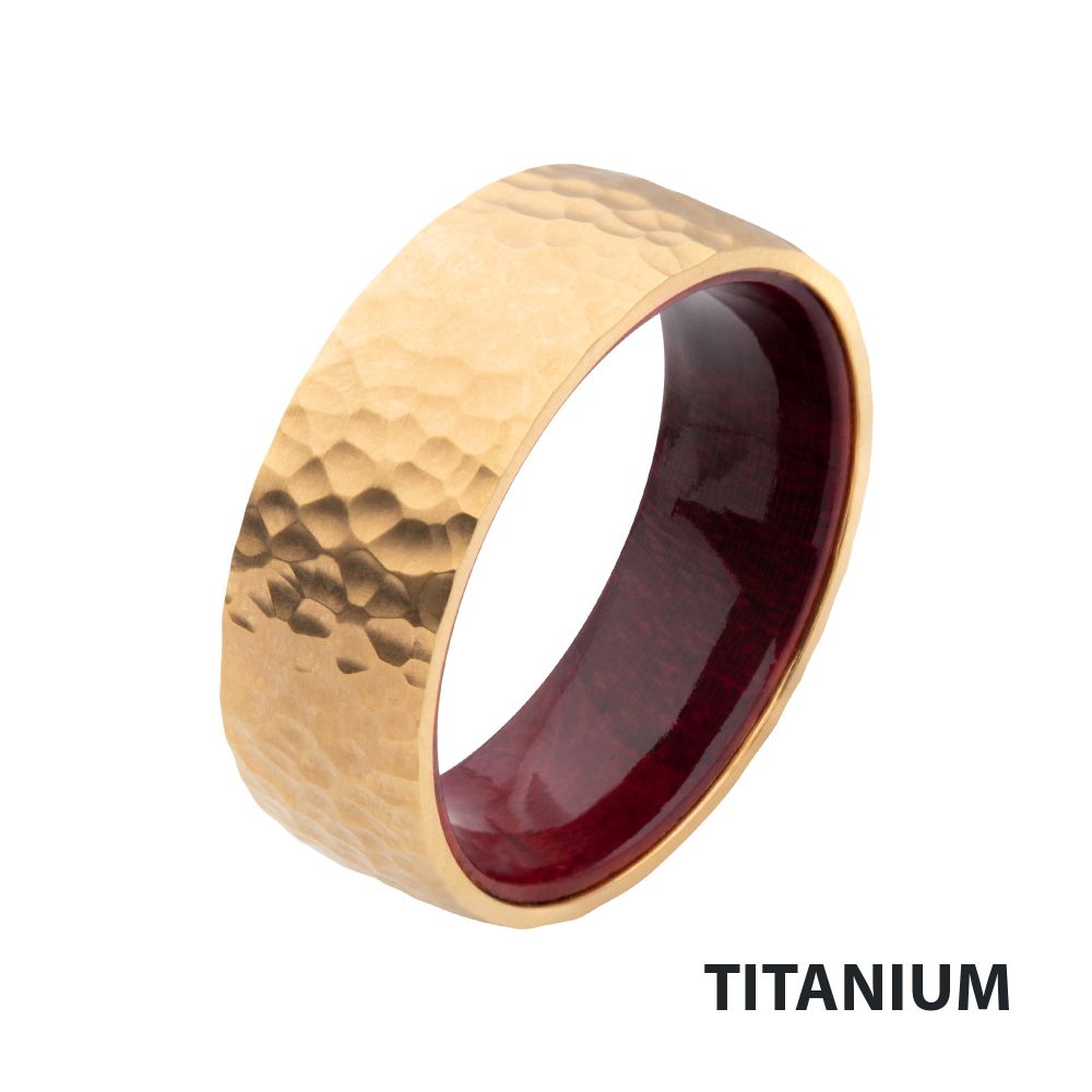 Gold IP Titanium & Redwood Matte Hammered Ring Size 12