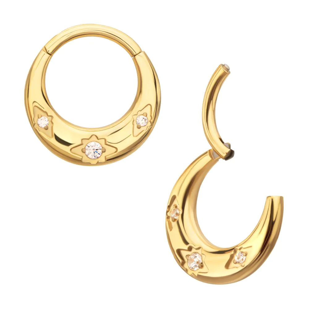 Triple Etched Design With CZ 24kt Gold PVD Titanium