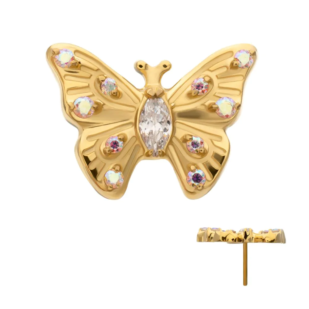 Butterfly Multi Prong CZ 24kt Gold PVD Threadless Top