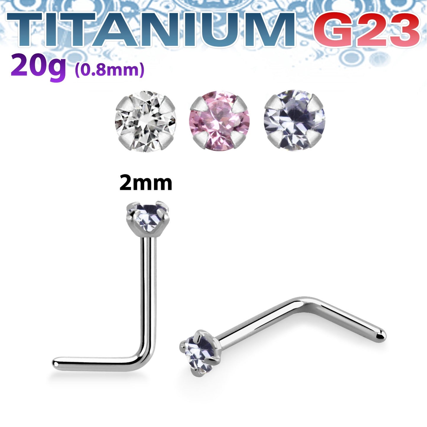 20g Titanium 2mm Prong CZ Gem L-Shapes Stud