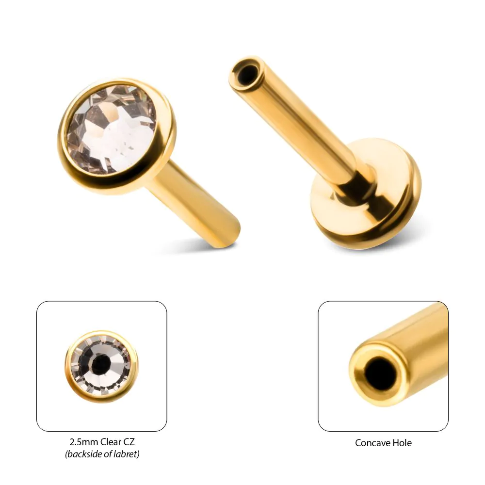 3mm Bezel CZ Base Labret 24kt Gold PVD Titanium Threadless