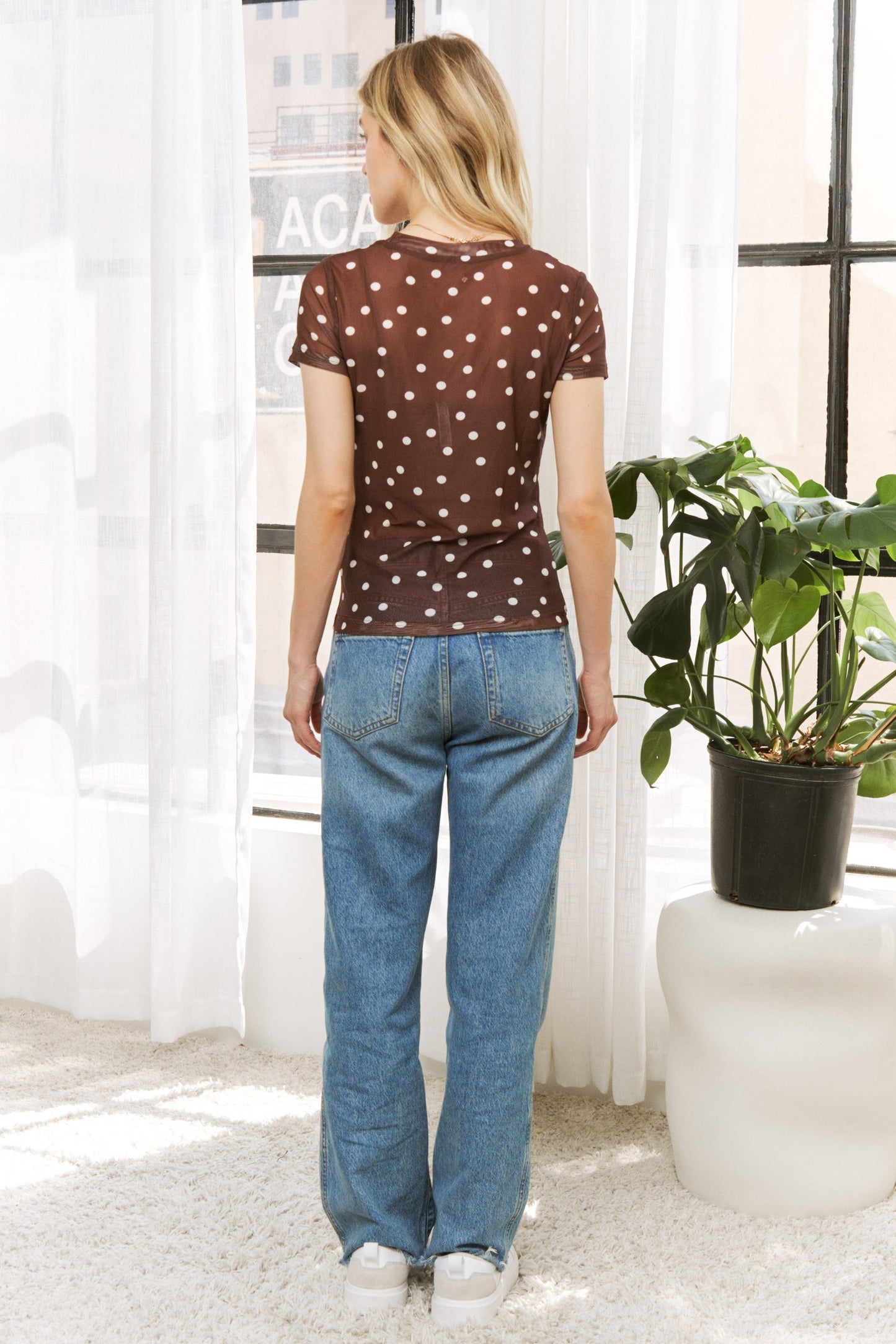 Polka Dot Mesh Print Slim Fit Short Sleeves Top