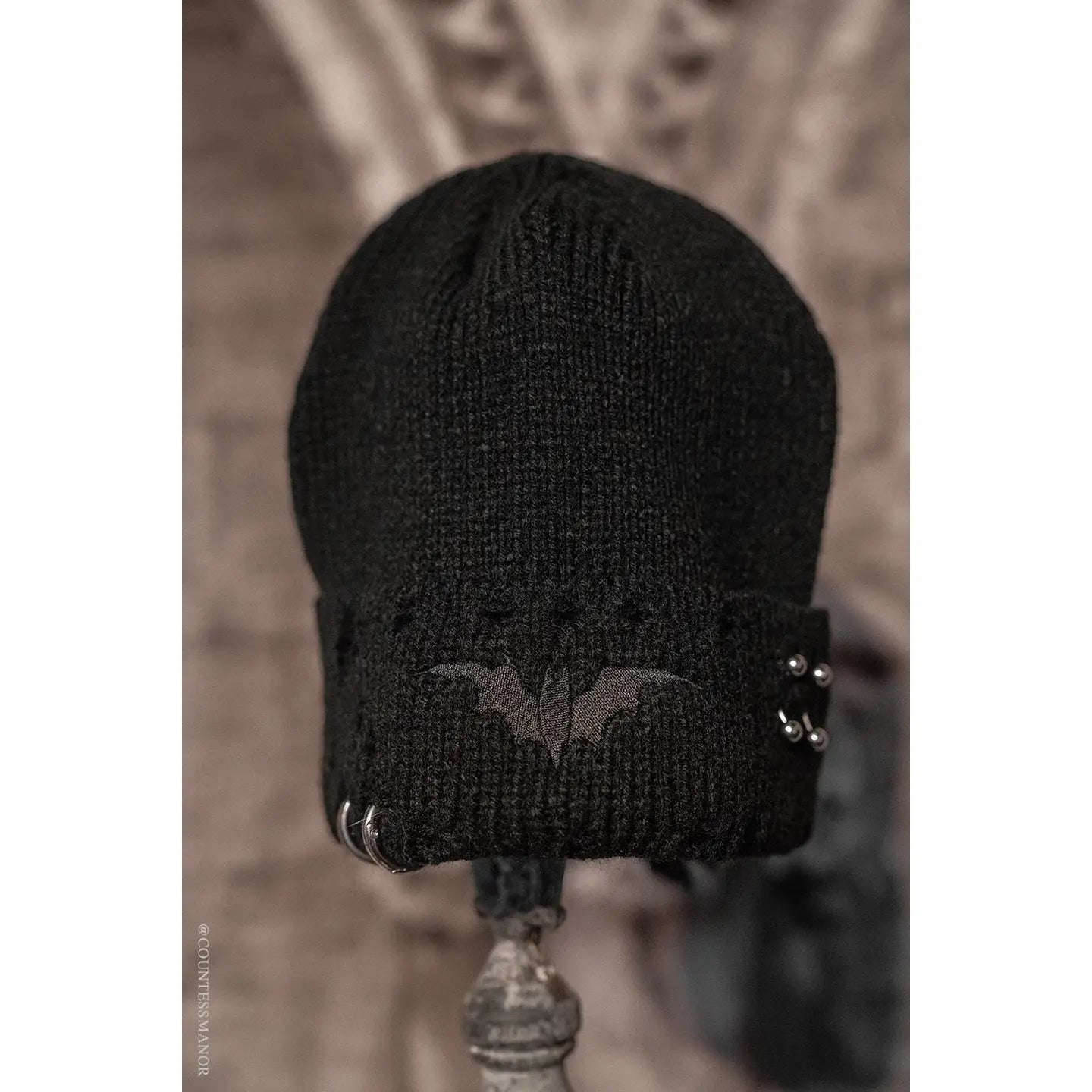 Distressed Pierced Beanie Black Bat