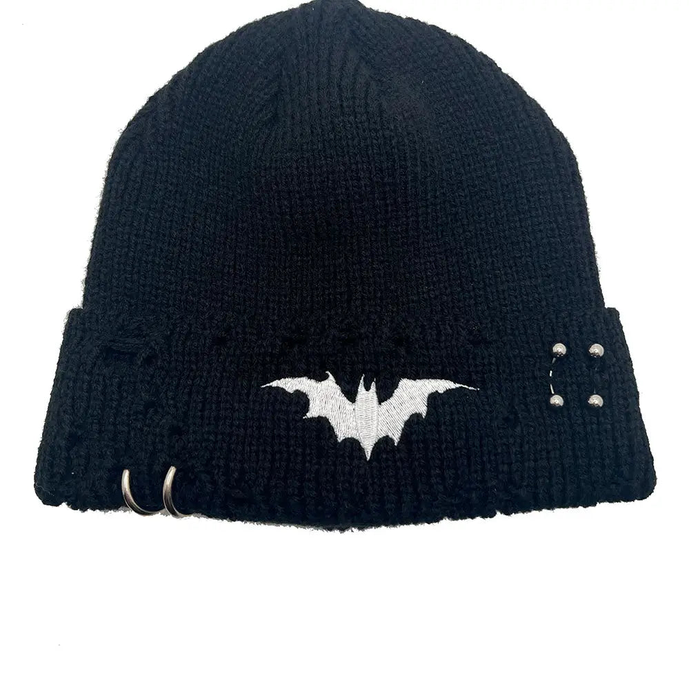 White Bat Distressed Pierced Beanie