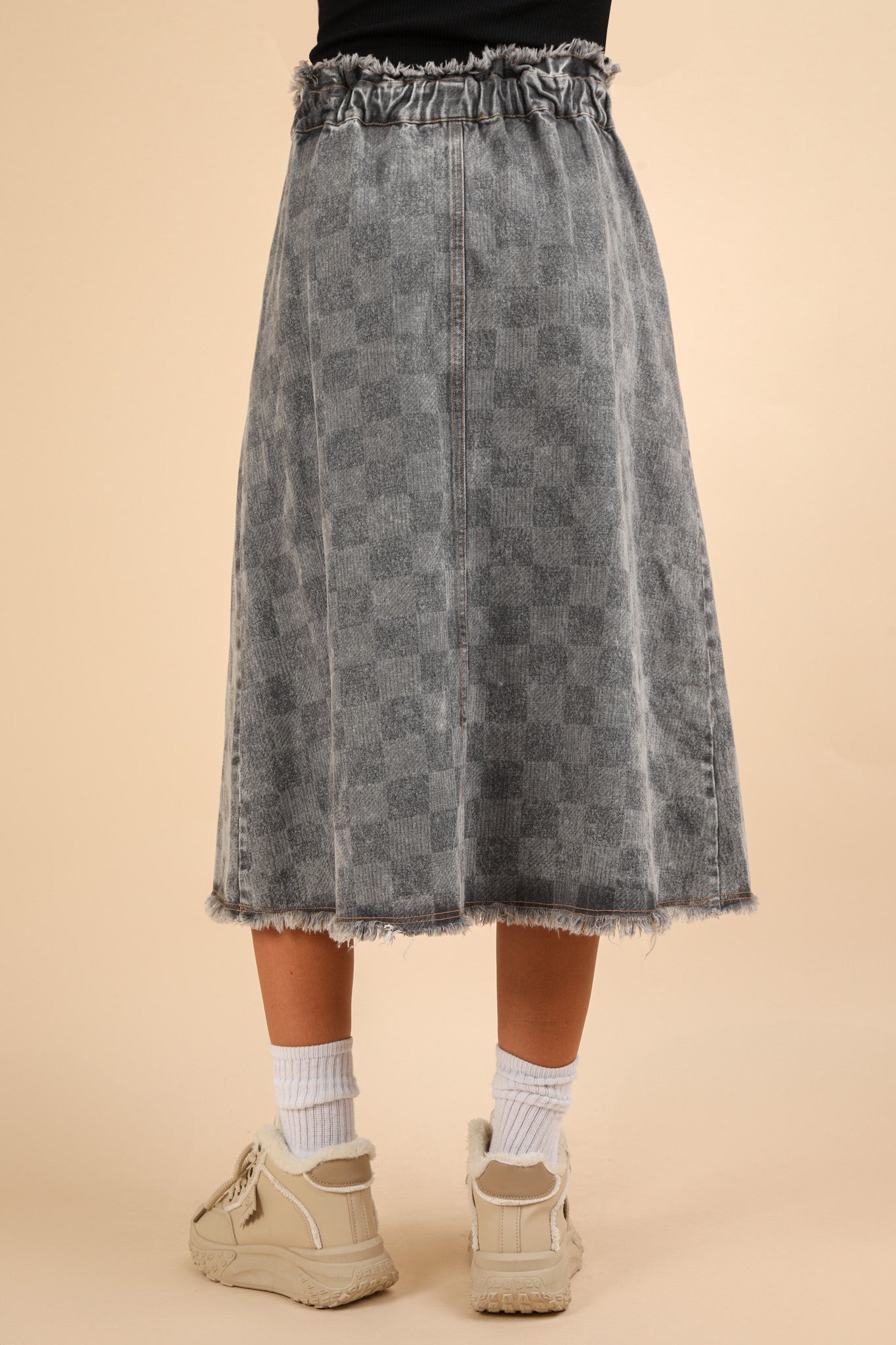 Washed Checkered Denim Midi Skirt Grey
