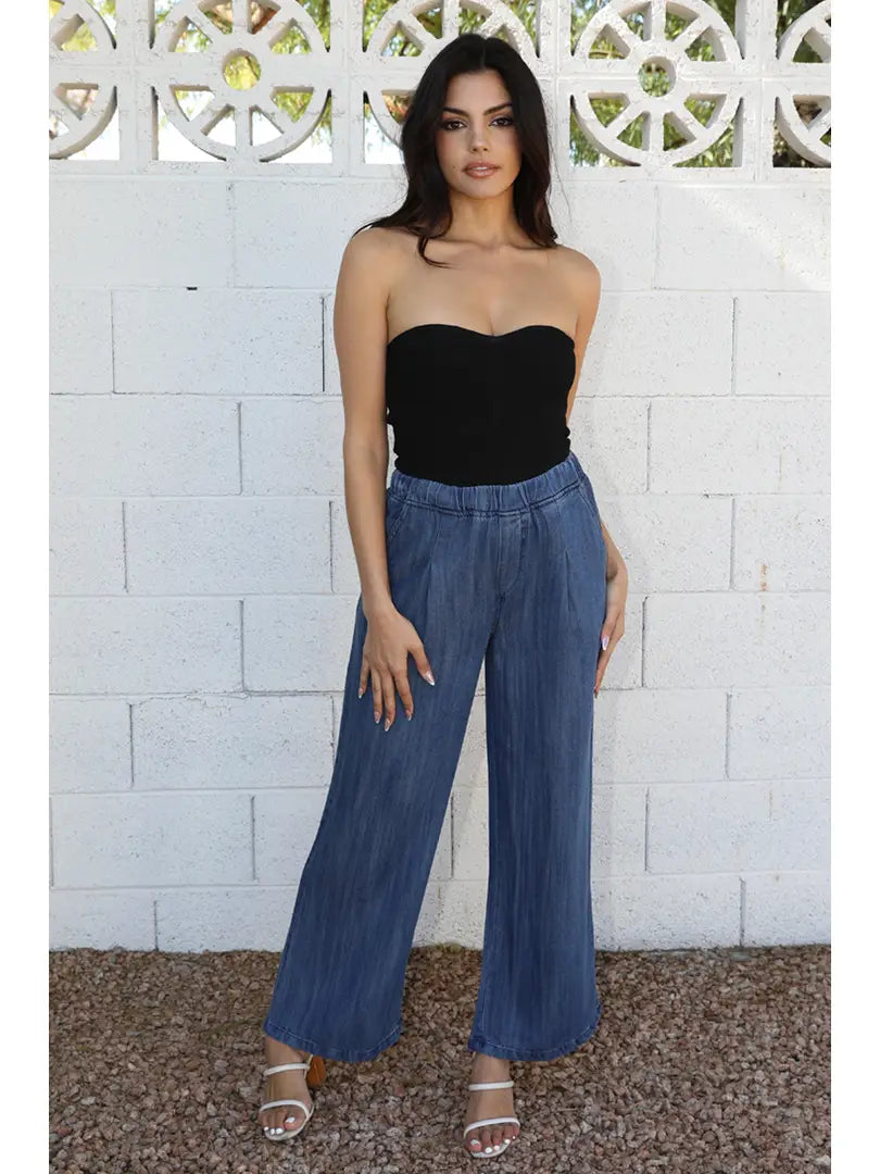 Tencel Wide Leg Elastic Waist Pants with Pockets