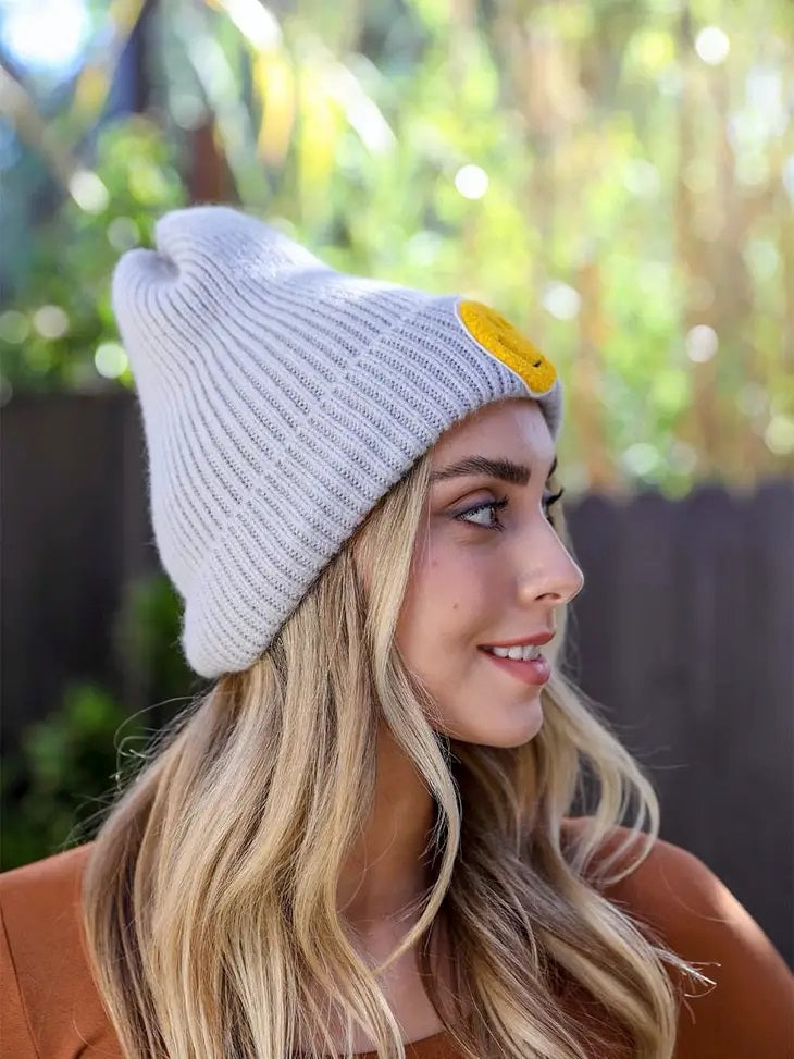 Grey Smiley Face Ribbed Beanie