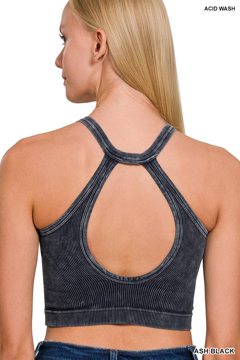 Ribbed Button Cropped V Neck Tank Top