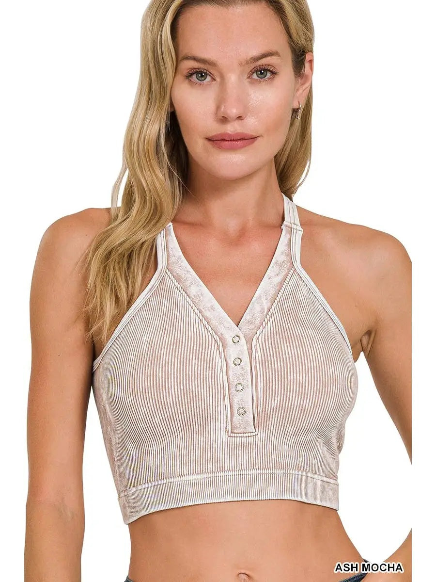 Washed Ribbed Cropped Button V-Neck Tank Top