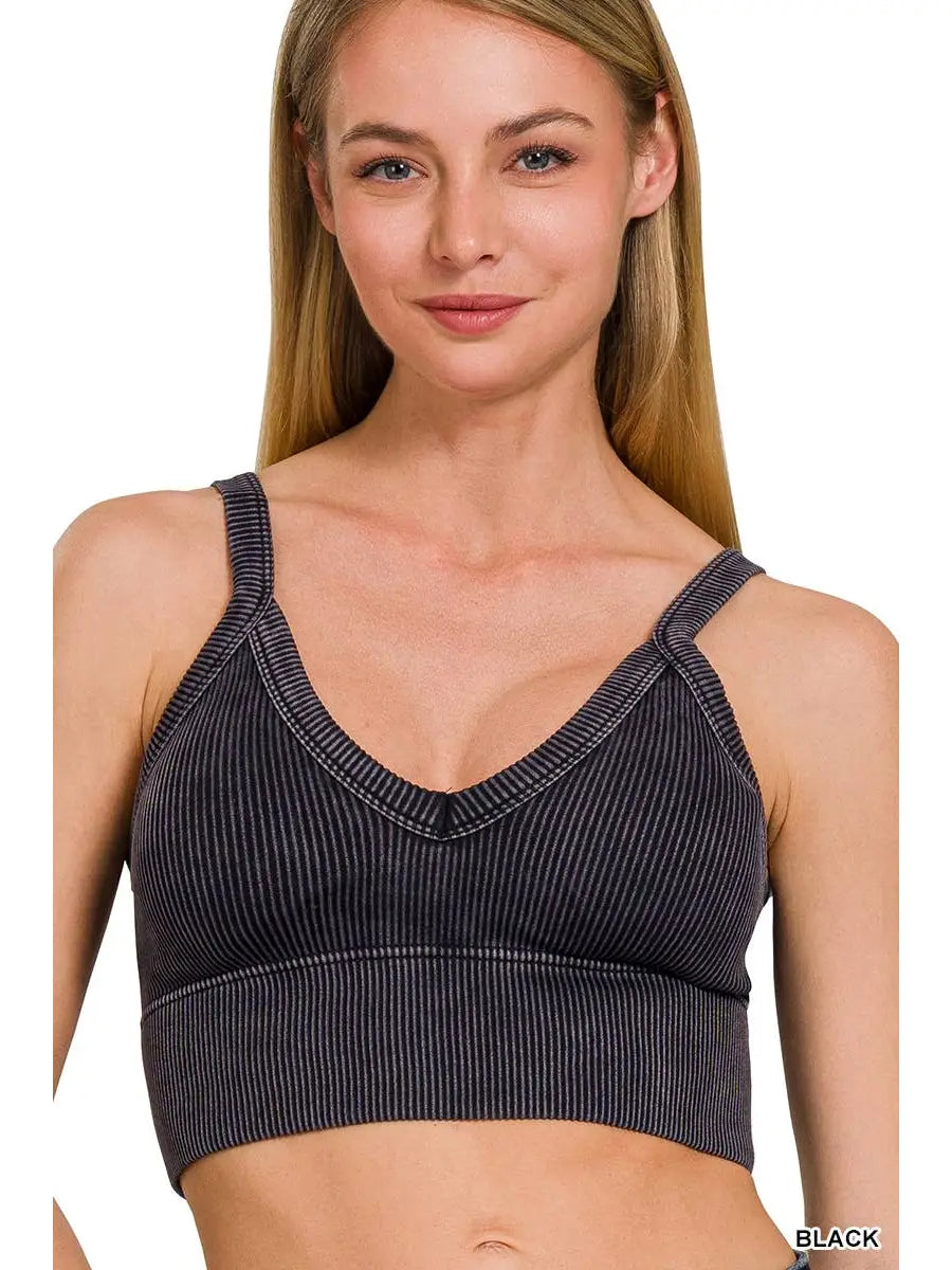 Stone Washed V Neck Seamless Cropped Bra Top