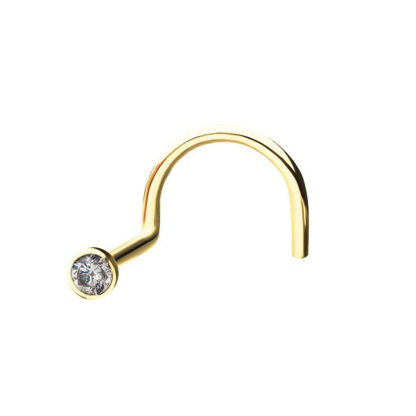 2mm 14kt Gold Nose Screw With Bezel Set Clear CZ Gem