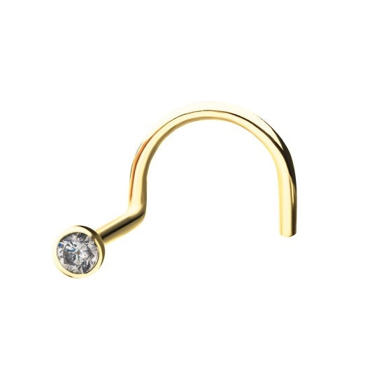 3mm 14kt Gold Nose Screw With Bezel Set Clear CZ Gem