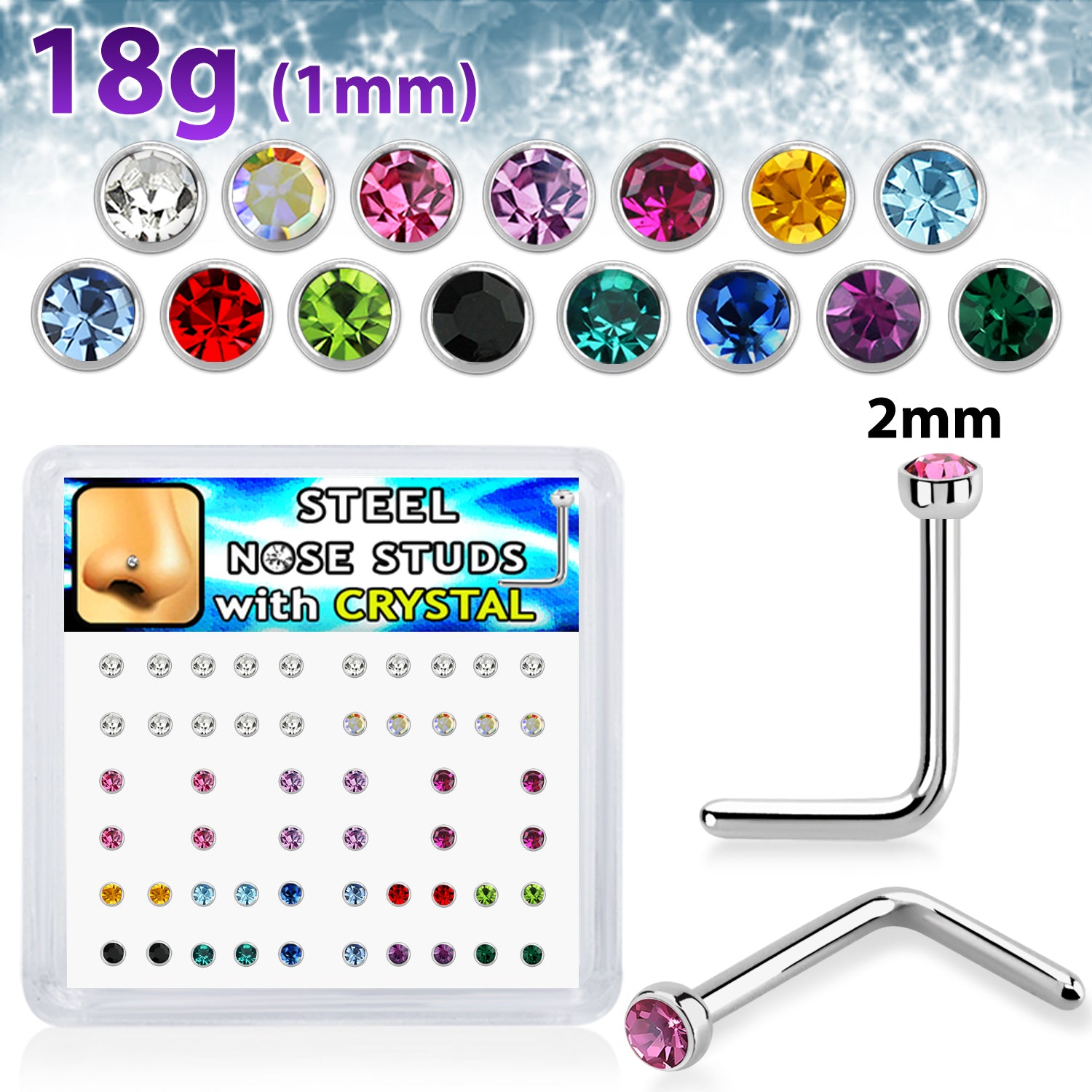 18g Bezel Set 2mm Colour Gem L-Shaped Nose Stud – Culture Craze