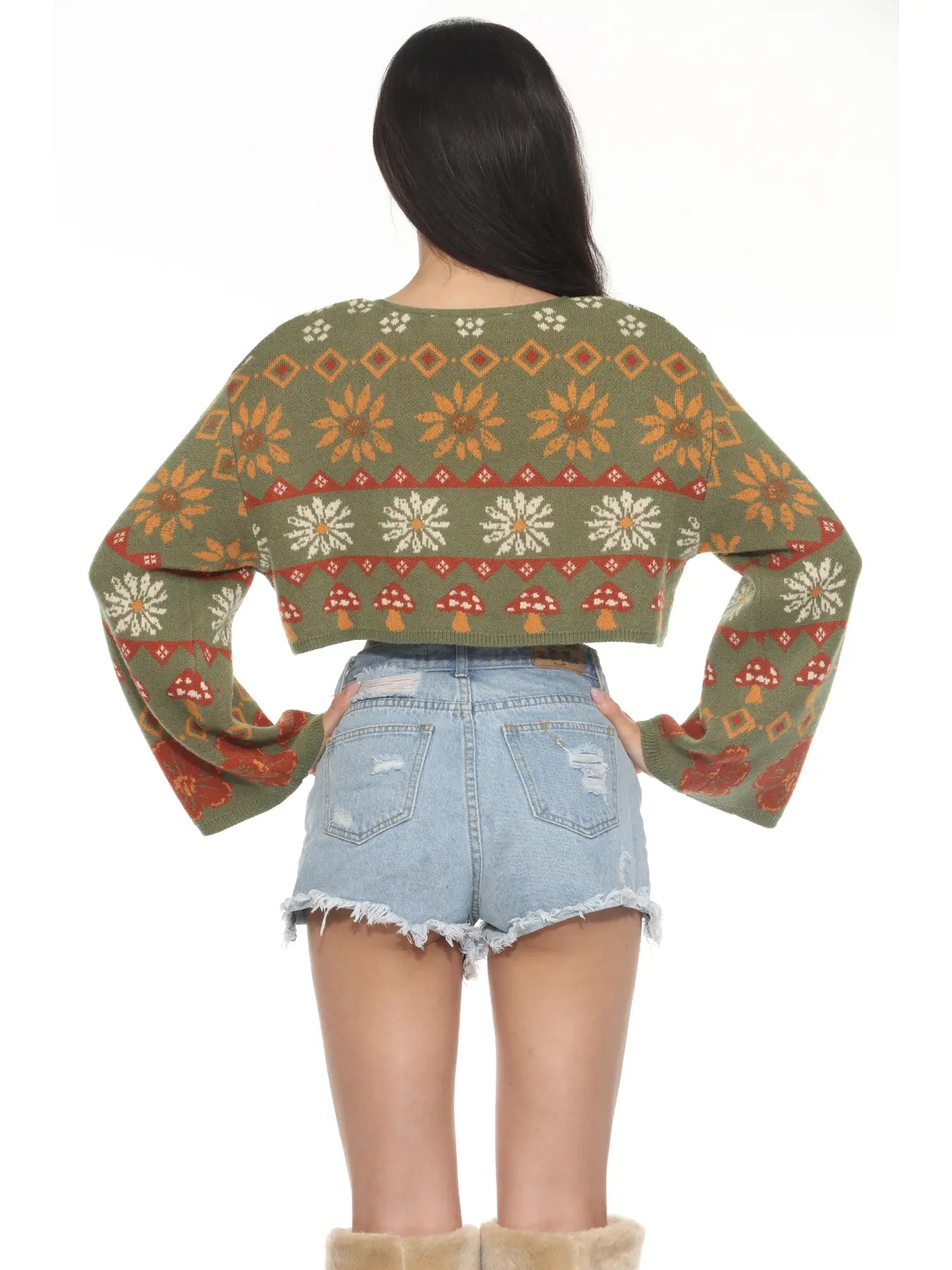 Fair Isle Mushroom Cropped-Fit Cardigan