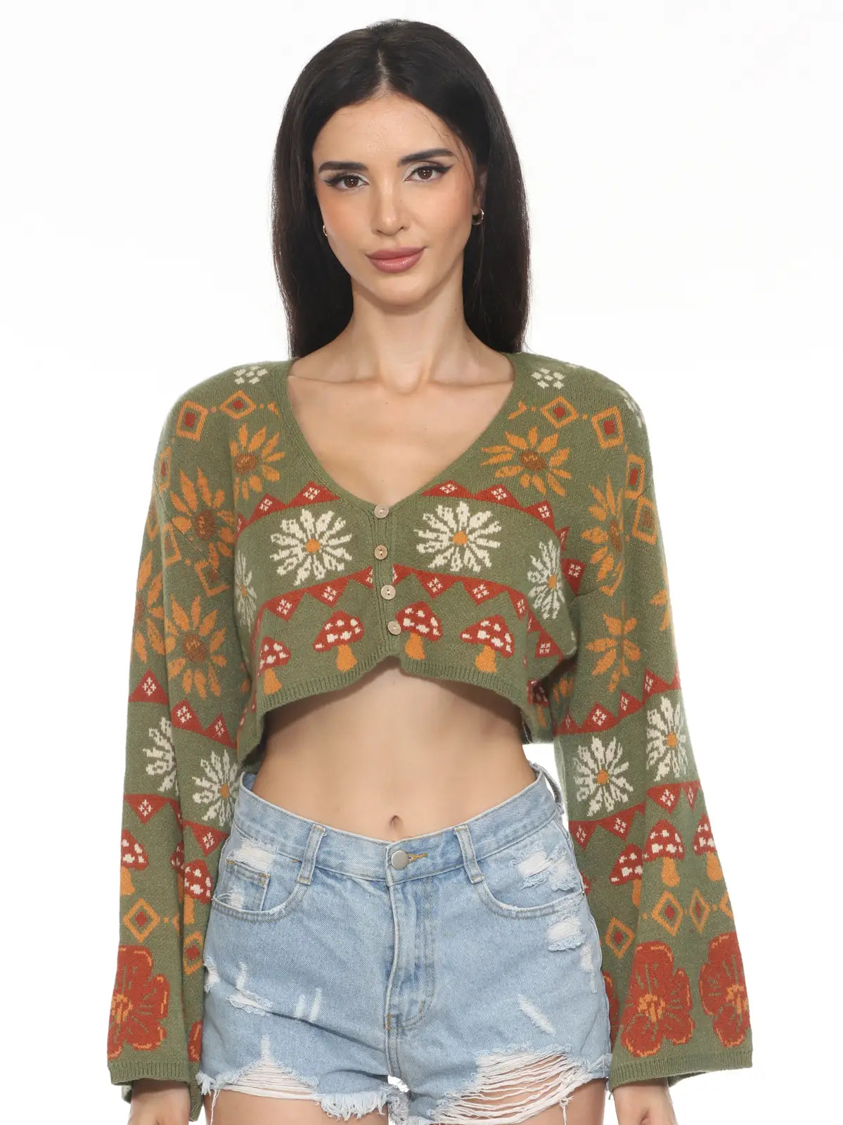 Fair Isle Mushroom Cropped-Fit Cardigan