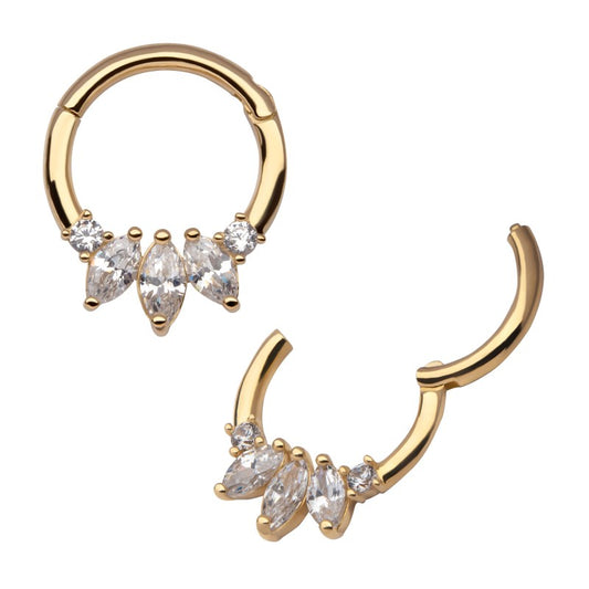 16g 8mm 14Kt Yellow Gold with 5-Cluster Prong Set Marquise & Round Hinged Hoop