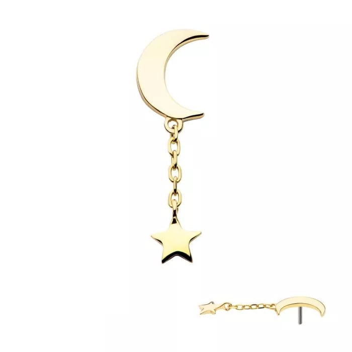14Kt Gold Threadless Crescent Moon with Dangle Chain & Star Top