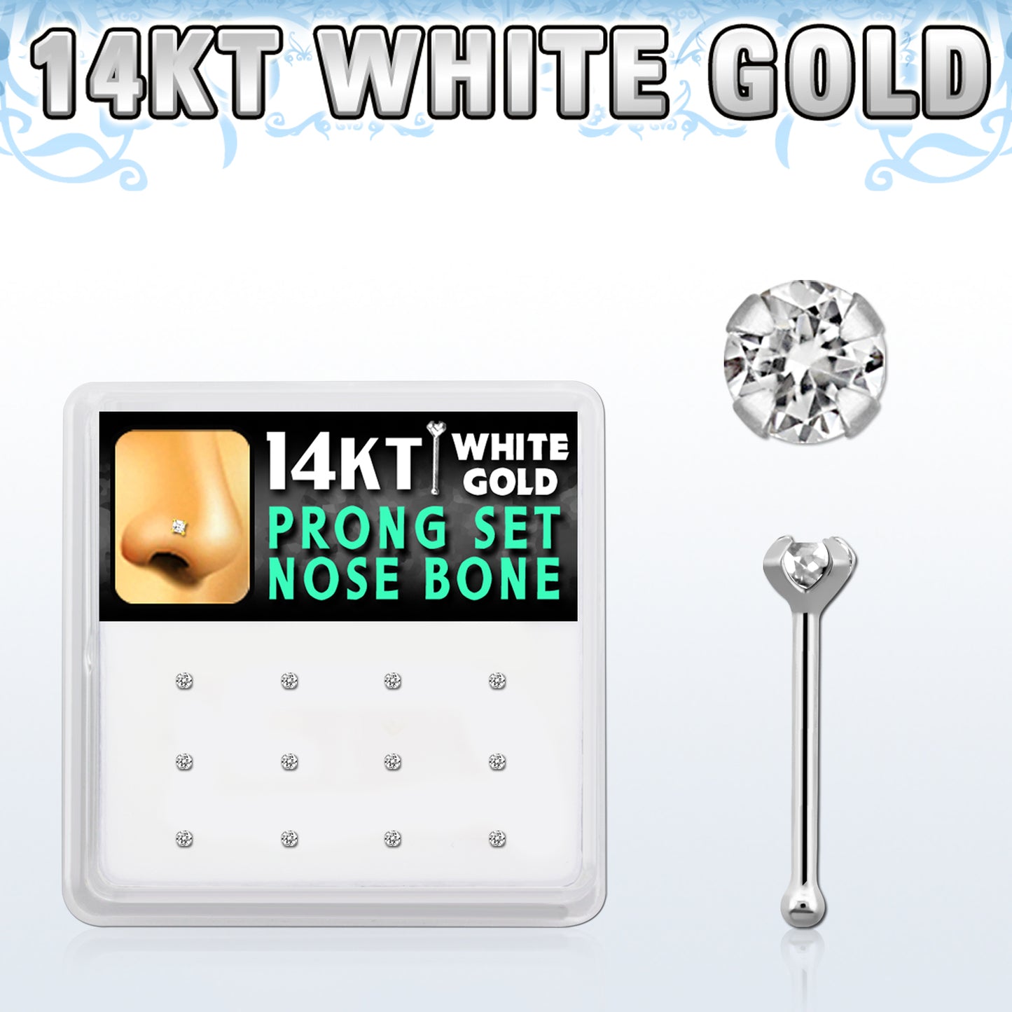 22g 14KT White Gold With 2mm Prong Gem Nose Bone