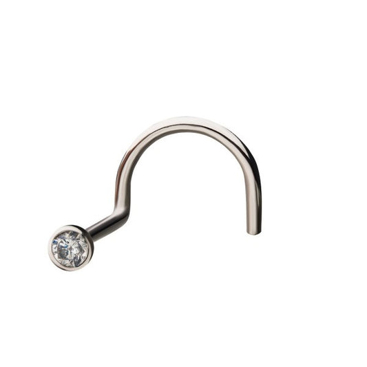 2.5mm 20g 14kt White Gold Nose Screw with Bezel Set Clear CZ Gem Top