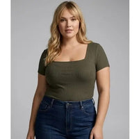 Plus Size Rib Square Neck Short Sleeve Knit Top