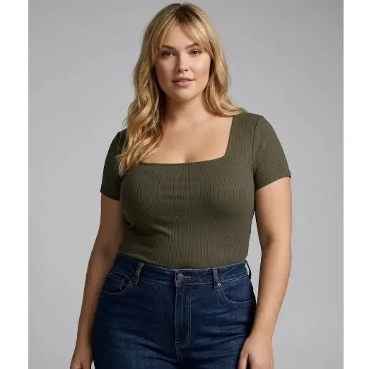 Plus Size Rib Square Neck Short Sleeve Knit Top