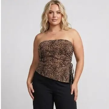 Plus Size Mesh Leopard Print Side Ruched Tube Top