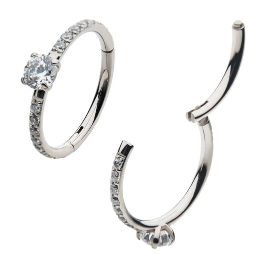 Large Round Prong & All Around Gem Titanium Hinged Hoop