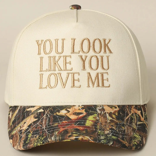 Camo/Beige You Look Like You Love Me Embroidery Trucker