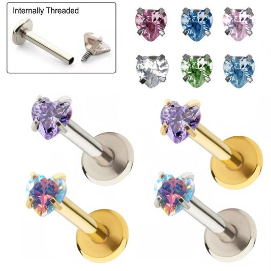 Labret con circonita cúbica y corazón con rosca interna de 16 g