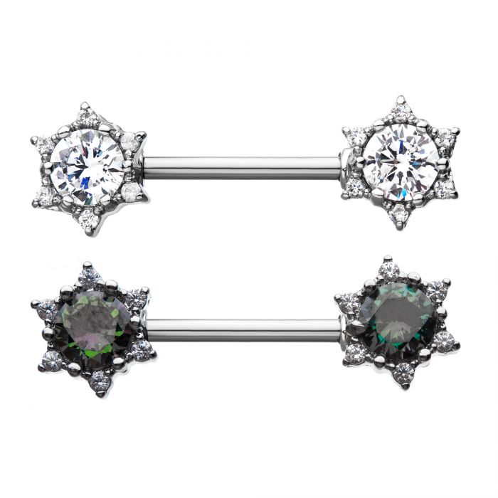 Triangle Gem Starburst Nipple Barbell with 6 Point