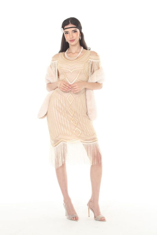 Beige Flapper Dress With Tassles