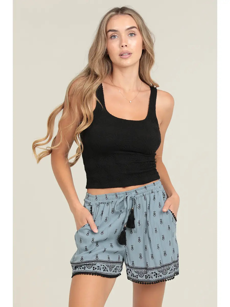 Tassle Tie Front Embroidered Shorts with Pockets