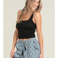 Tassle Tie Front Embroidered Shorts with Pockets