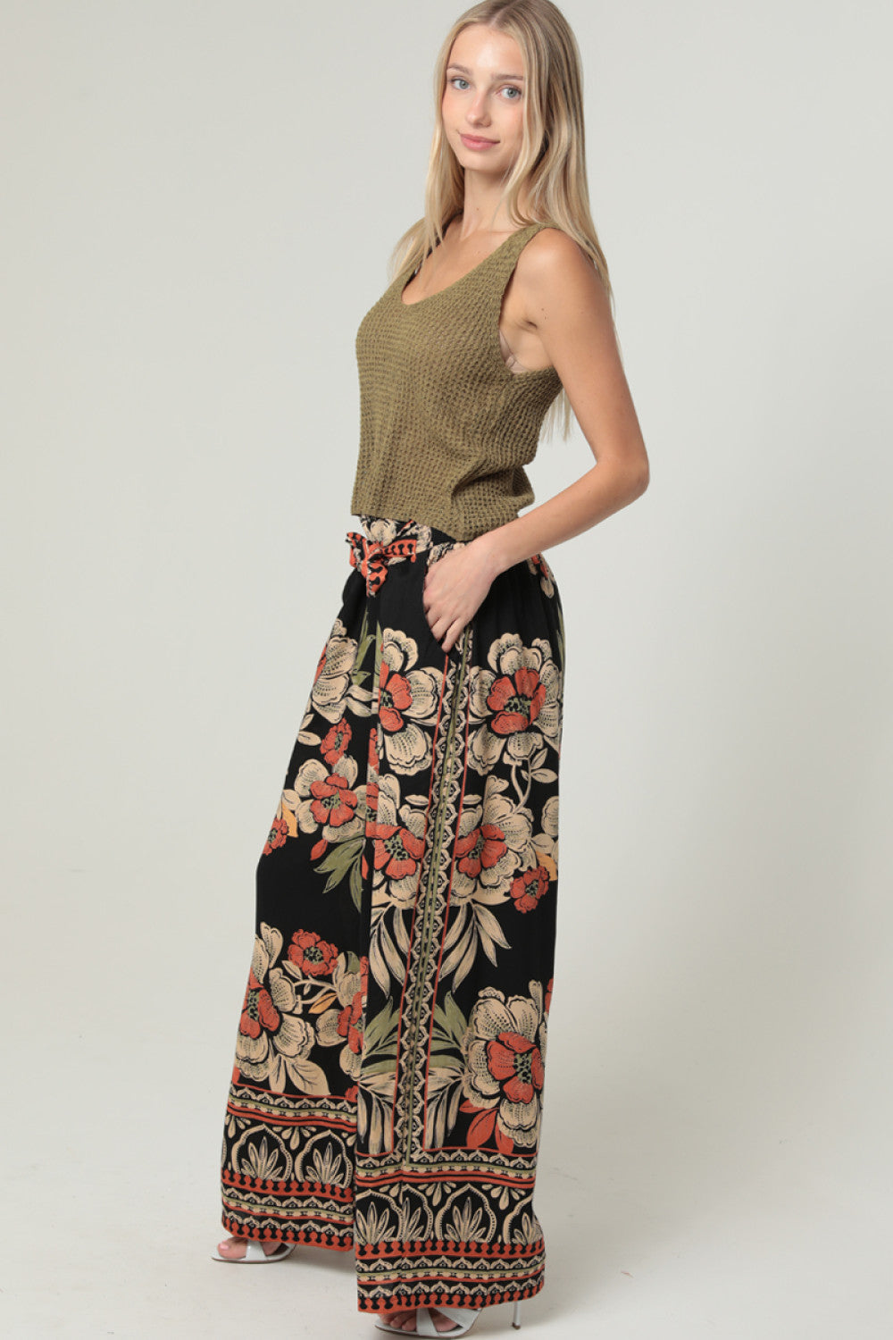 Wide Leg Pants With Self Tie