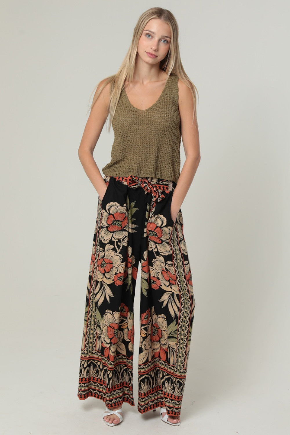 Wide Leg Pants With Self Tie