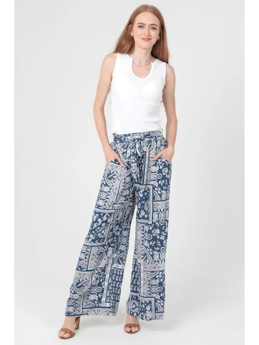 Tie Waist Wide Leg Printed Pants