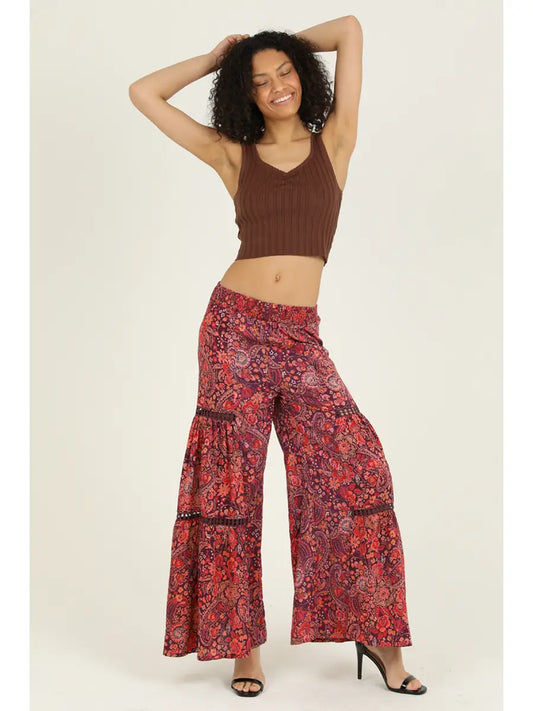 Wide Leg Printed Pants With Lace Inserts