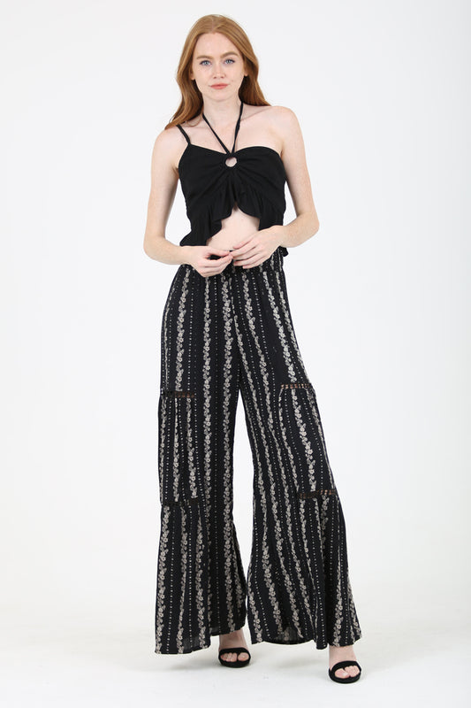 Blck Wide Leg Pants With Lace Inserts