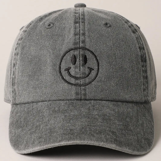Black Happy Face Embroidered Cotton Baseball Cap