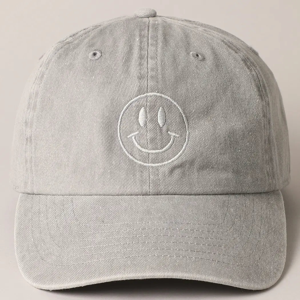 Grey Happy Face Embroidered Cotton Baseball Cap