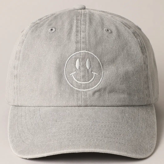 Grey Happy Face Embroidered Cotton Baseball Cap