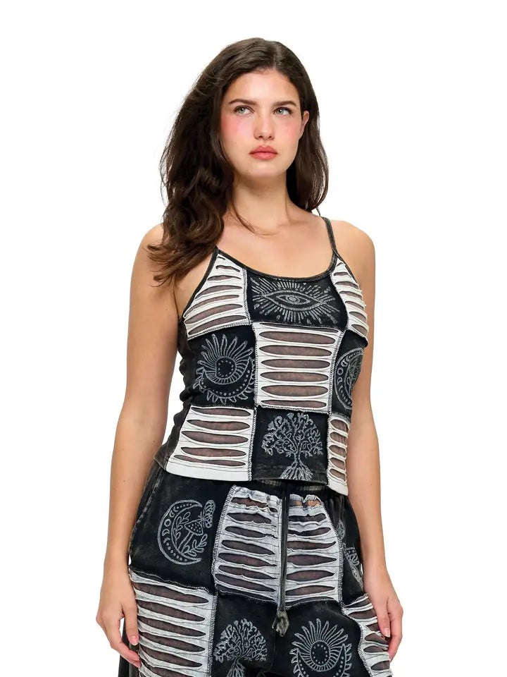Stretchy Razor Cut Patch Tank Top Printed