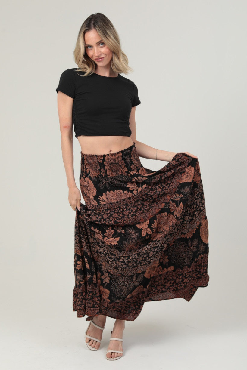 Black Floral Tiered Skirt With Smocked Waist