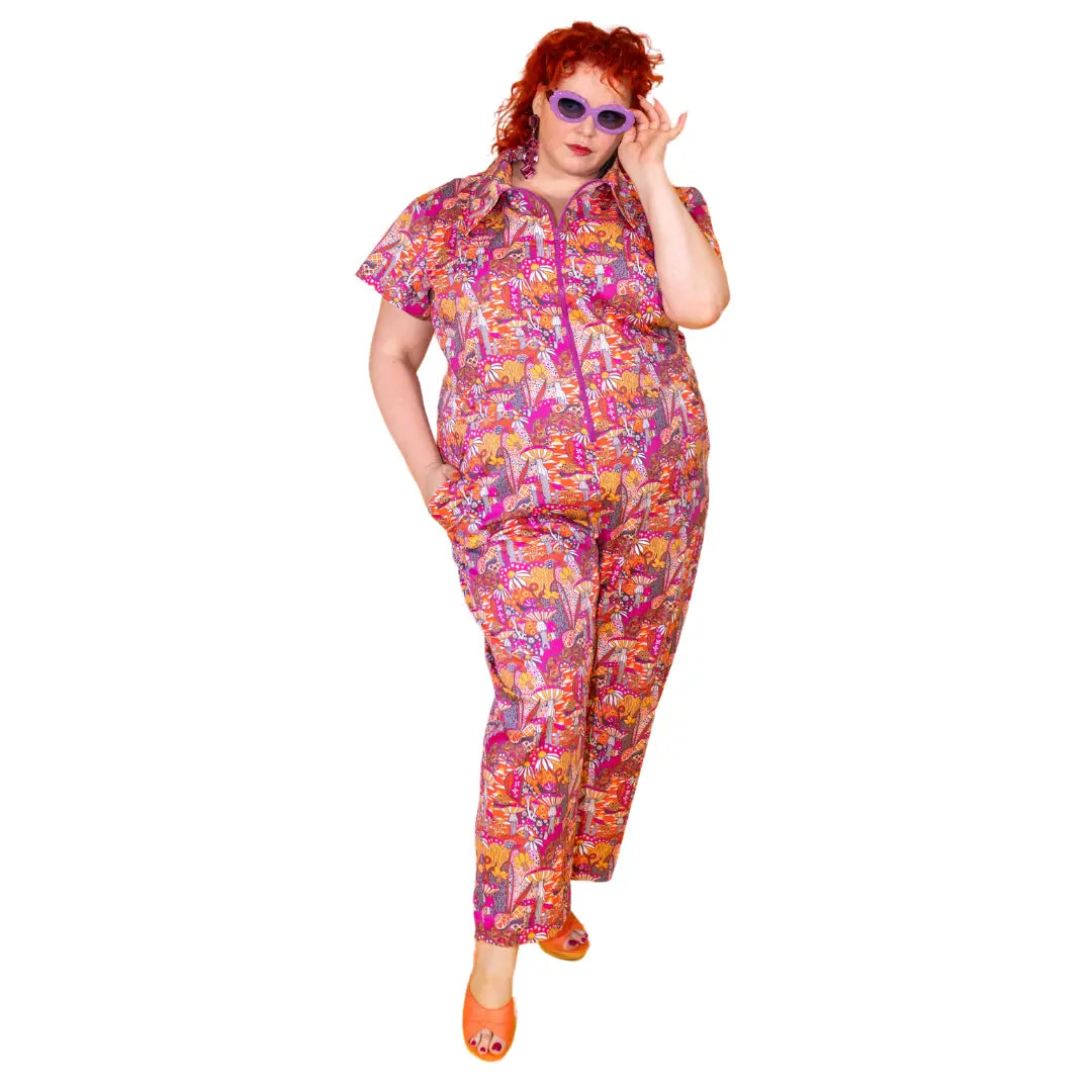 Groovy Mushroom & Snail PLus Size Jumpsuit In Sunset