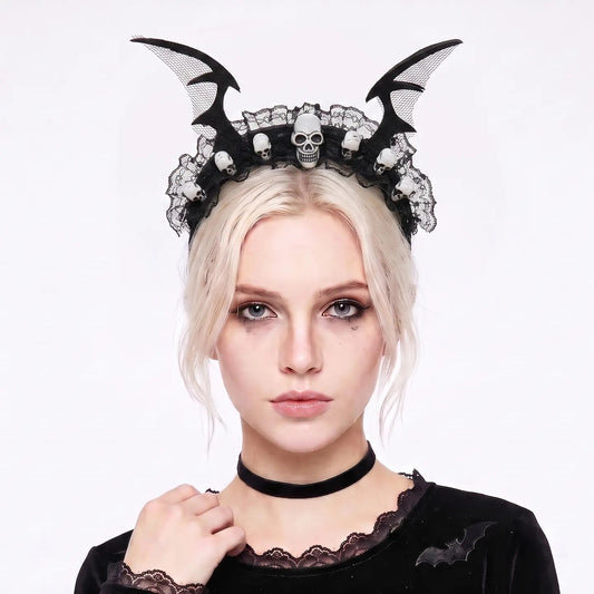 Halloween Batwing Lace Headband with Skull Accents