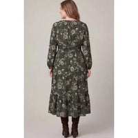 Plus Size Long Sleeve Woven Floral Print Tiered Midi Dress