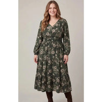 Plus Size Long Sleeve Woven Floral Print Tiered Midi Dress